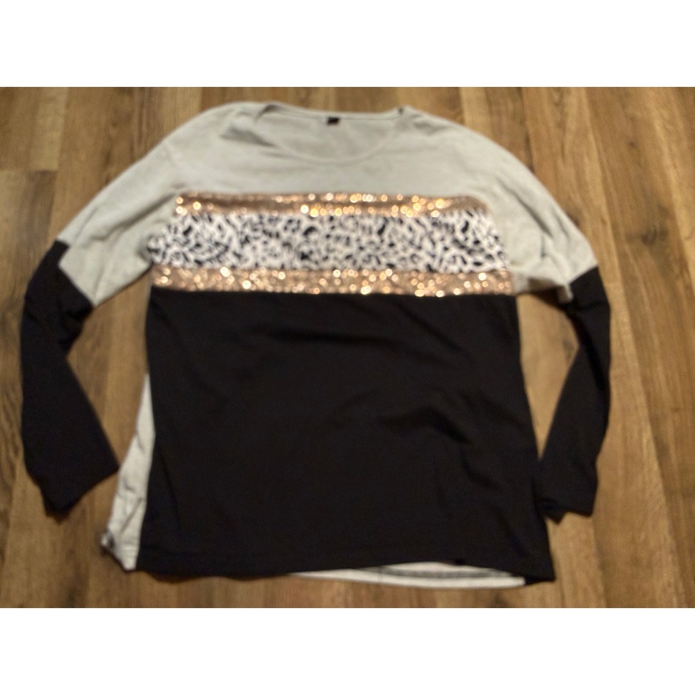 SHEIN Shirt Women Size XL Gray Black Colorblock Sequin Leopard Print Long Sleeve